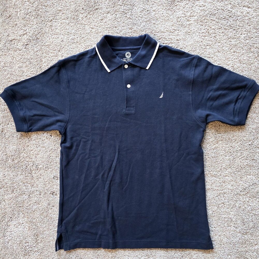 Nautica Short Sleeve Polo Shirt Navy Blue Sz L 14-16 Boys 100% Cotton
